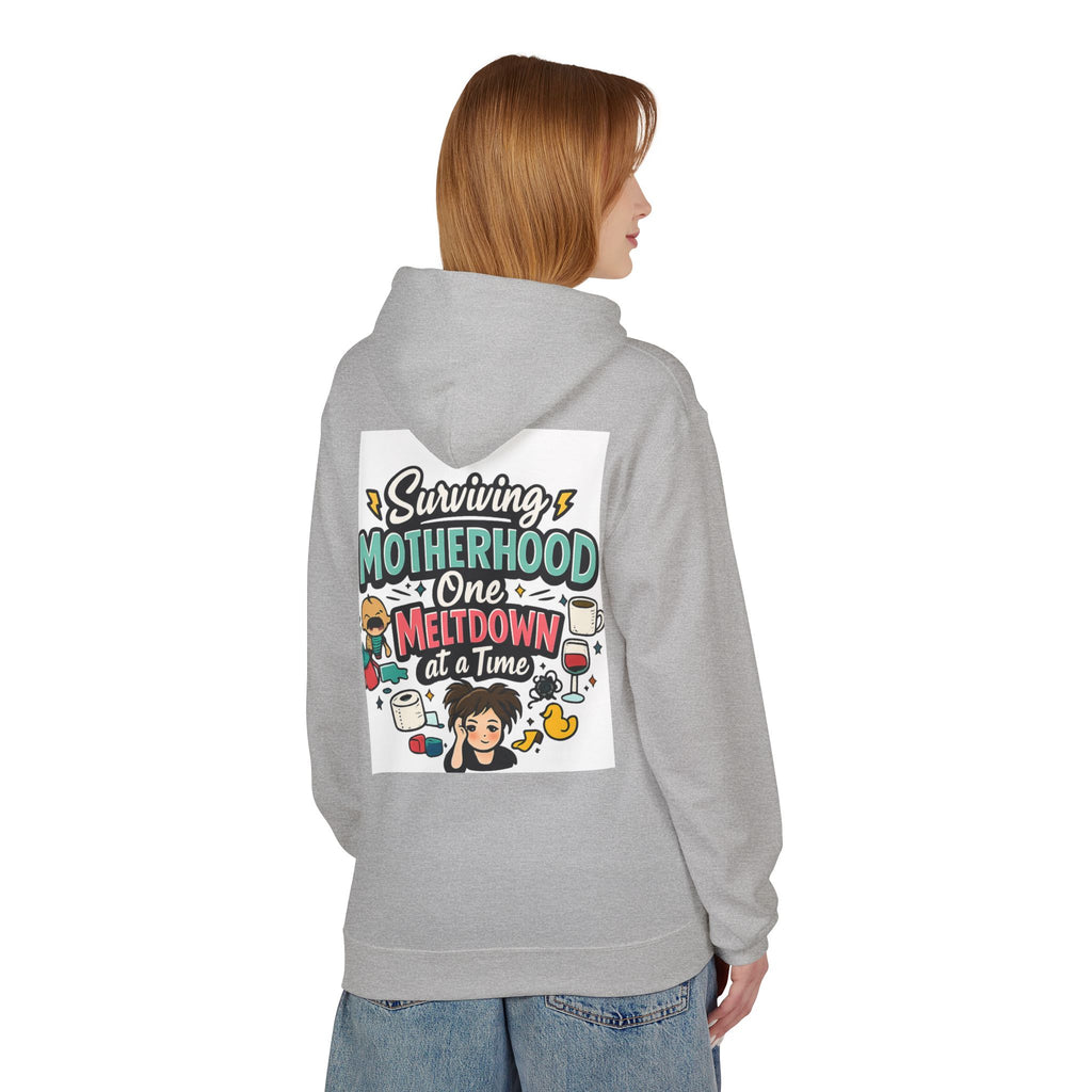 Motherhood Hoodie — "Surviving Motherhood One Meltdown at a Time" Graphic Pullover