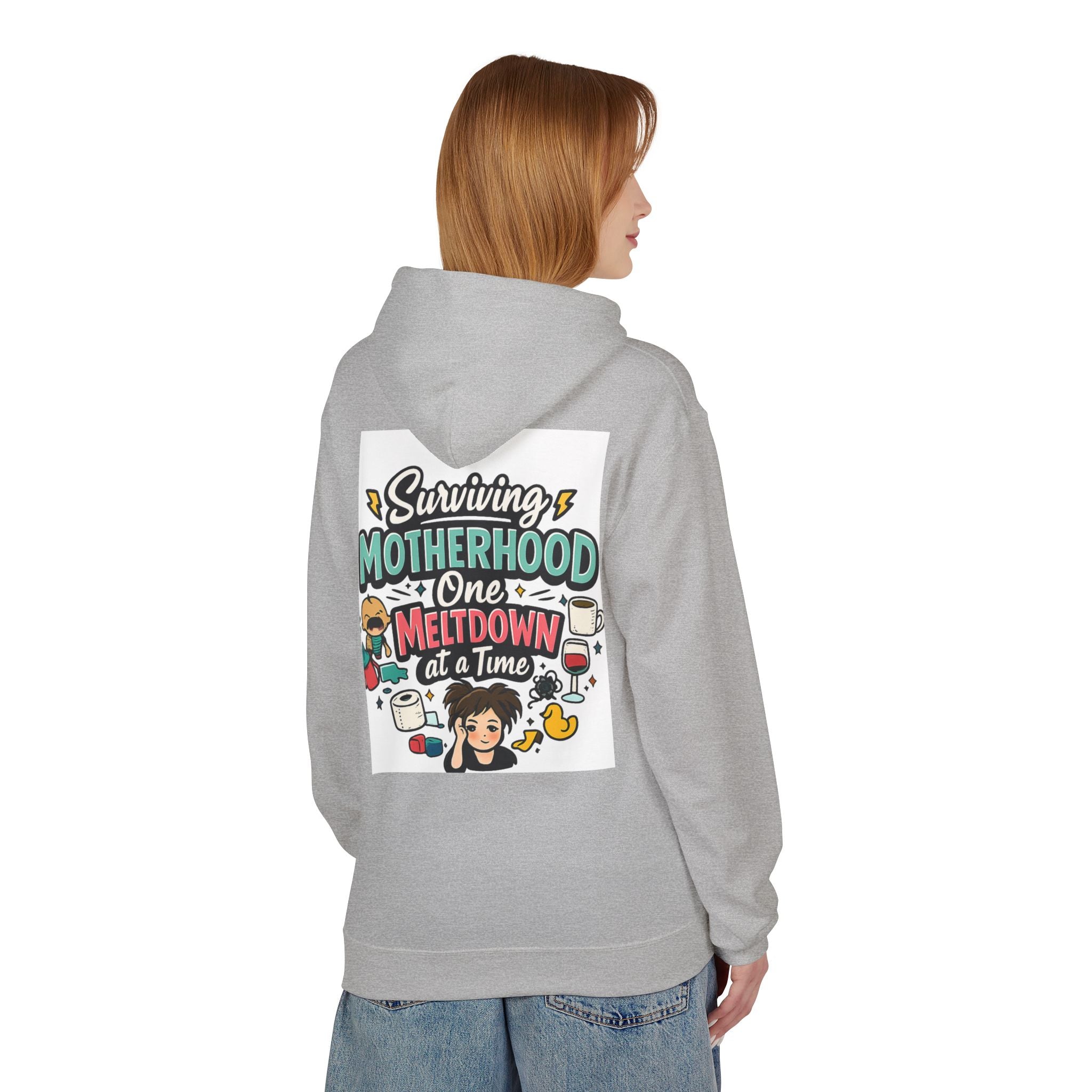 Motherhood Hoodie — "Surviving Motherhood One Meltdown at a Time" Graphic Pullover