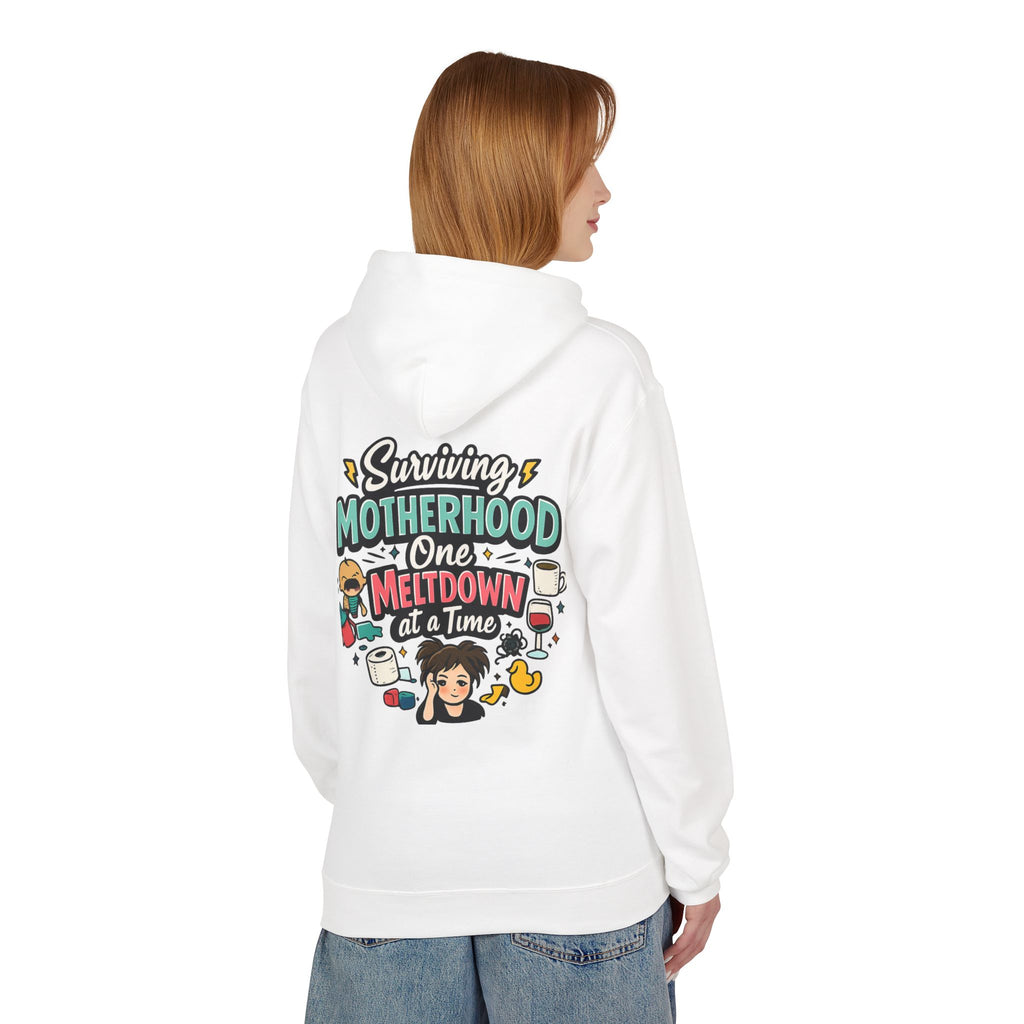 Motherhood Hoodie — "Surviving Motherhood One Meltdown at a Time" Graphic Pullover