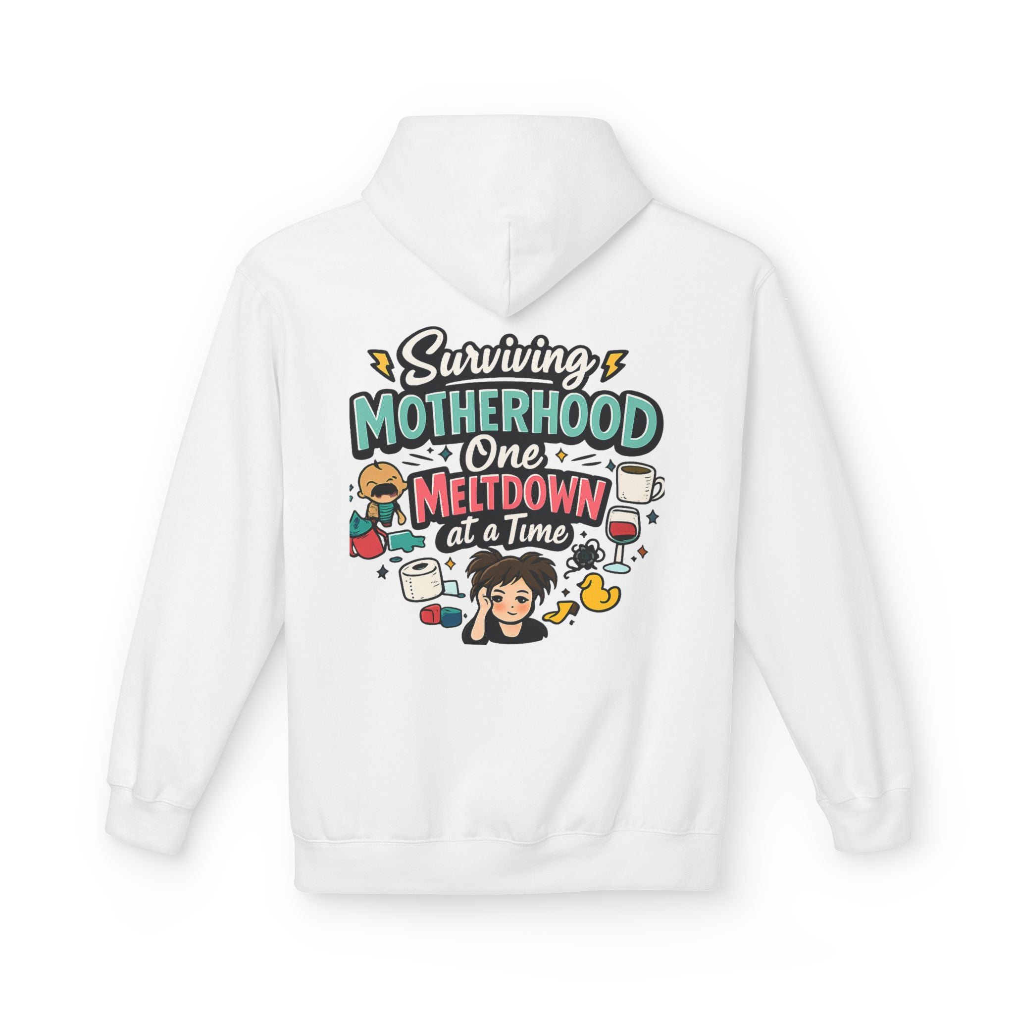 Motherhood Hoodie — "Surviving Motherhood One Meltdown at a Time" Graphic Pullover