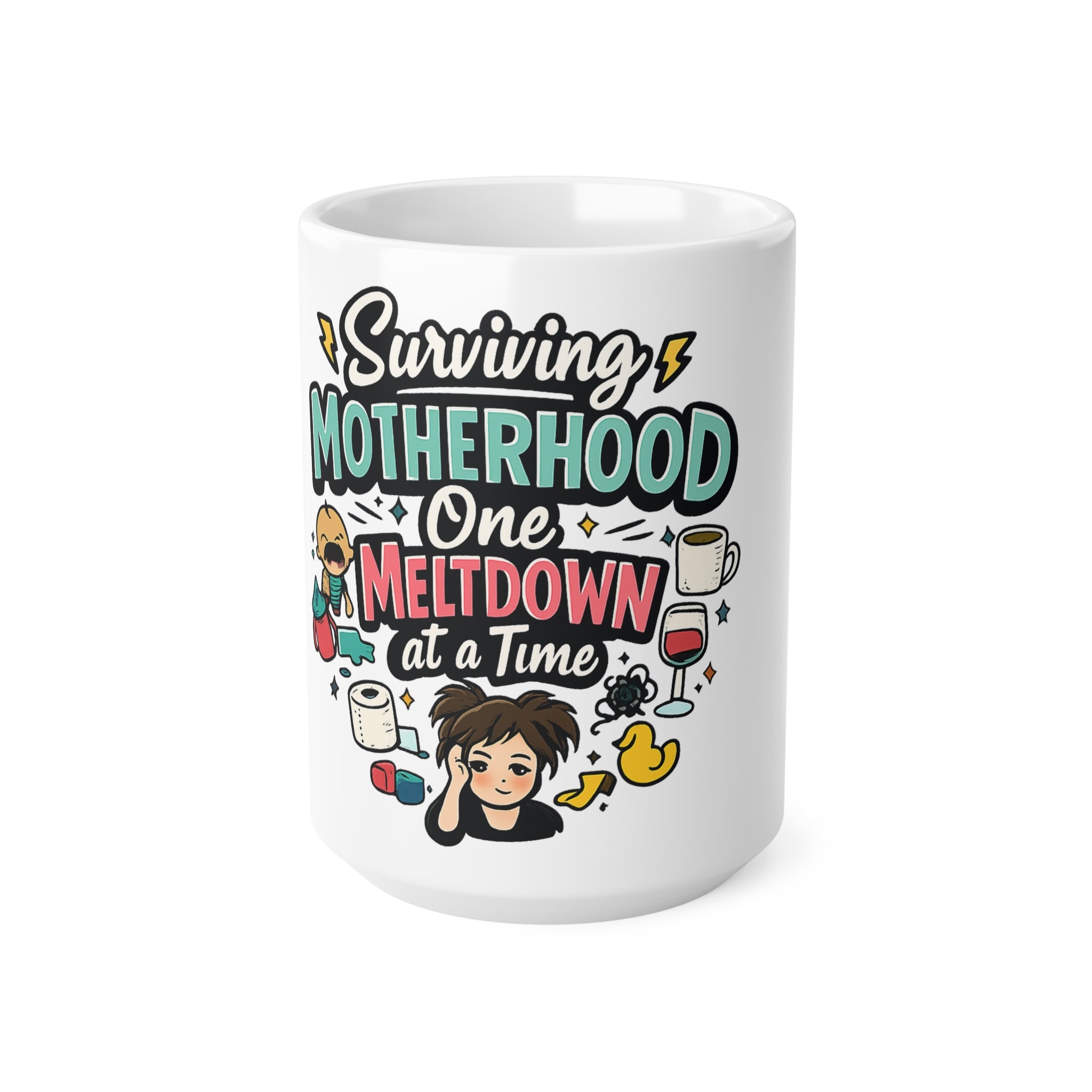 Surviving Motherhood Mug — "One Meltdown at a Time" Ceramic Coffee Cup (11oz/15oz)
