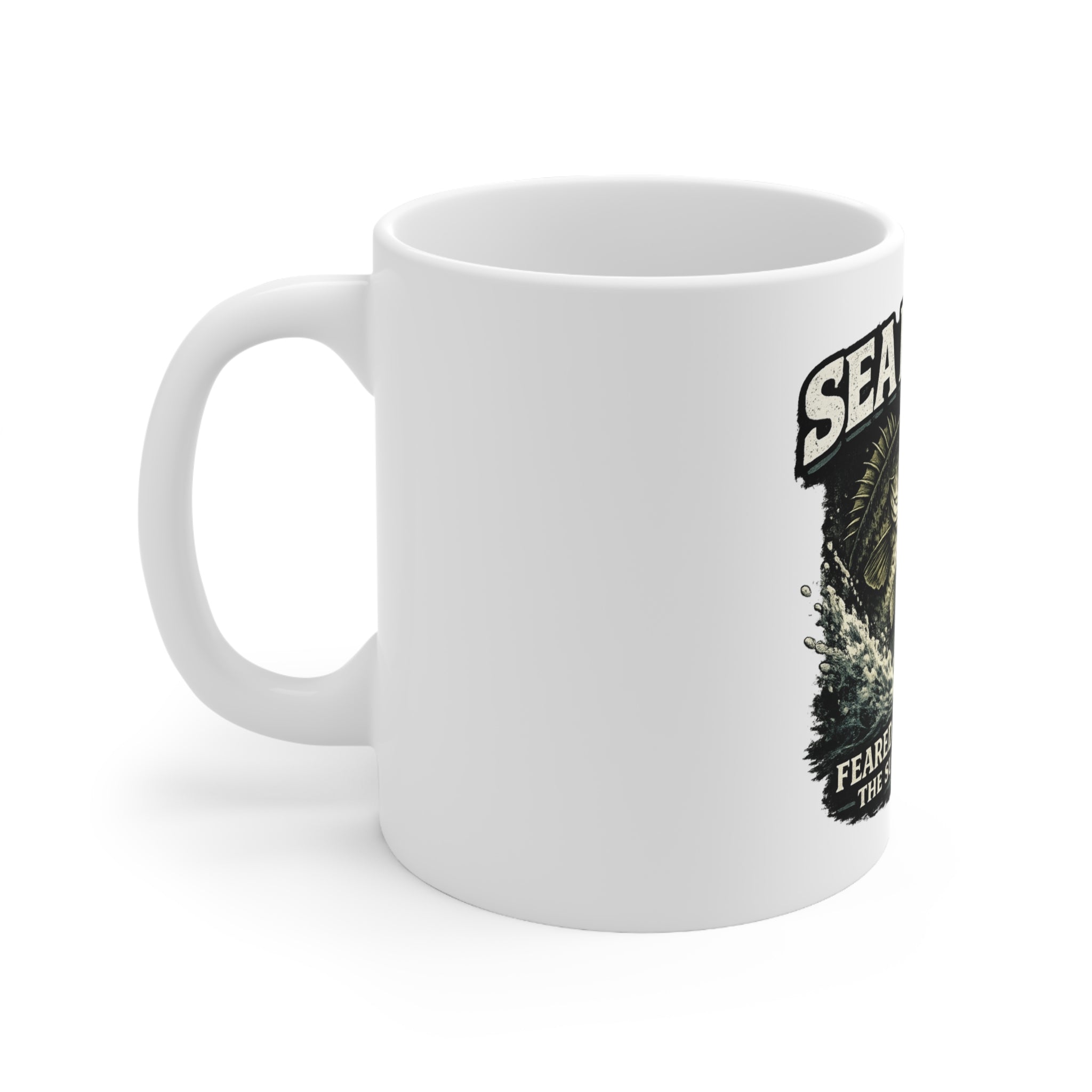 Sea Bass Ceramic Mug – “Sea Bass Feared Below the Surface” Fishing Coffee Cup (11oz/15oz)