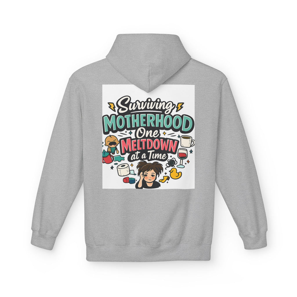 Motherhood Hoodie — "Surviving Motherhood One Meltdown at a Time" Graphic Pullover