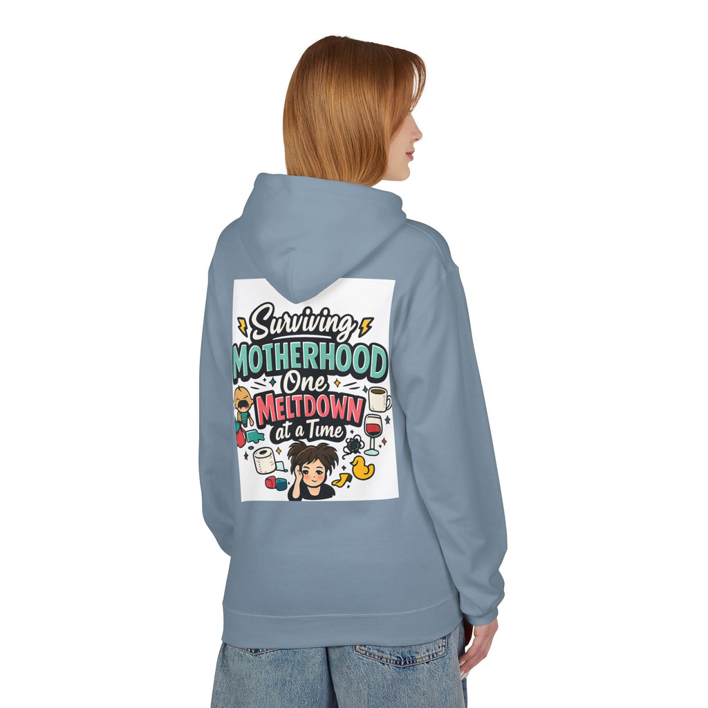 Motherhood Hoodie — "Surviving Motherhood One Meltdown at a Time" Graphic Pullover