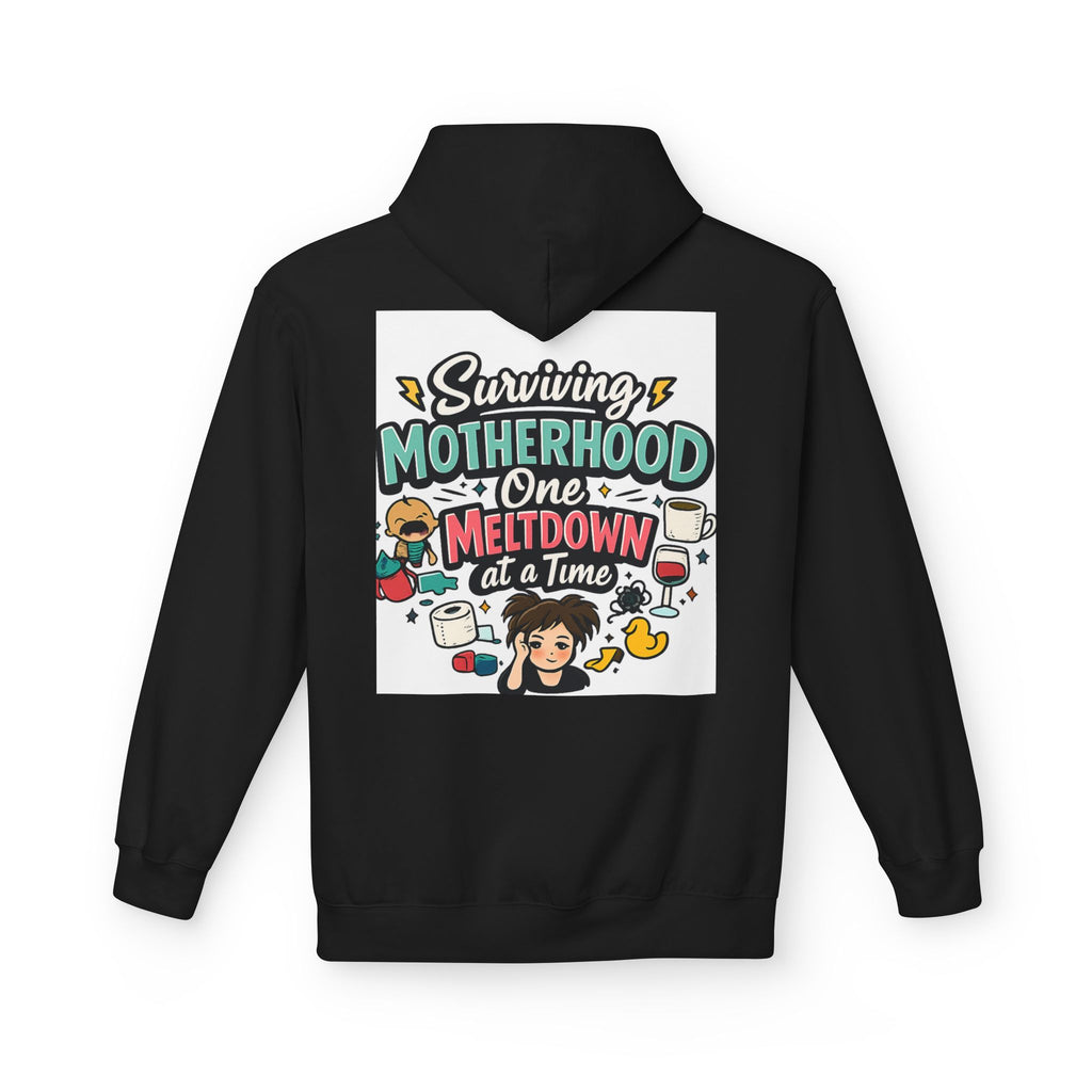 Motherhood Hoodie — "Surviving Motherhood One Meltdown at a Time" Graphic Pullover