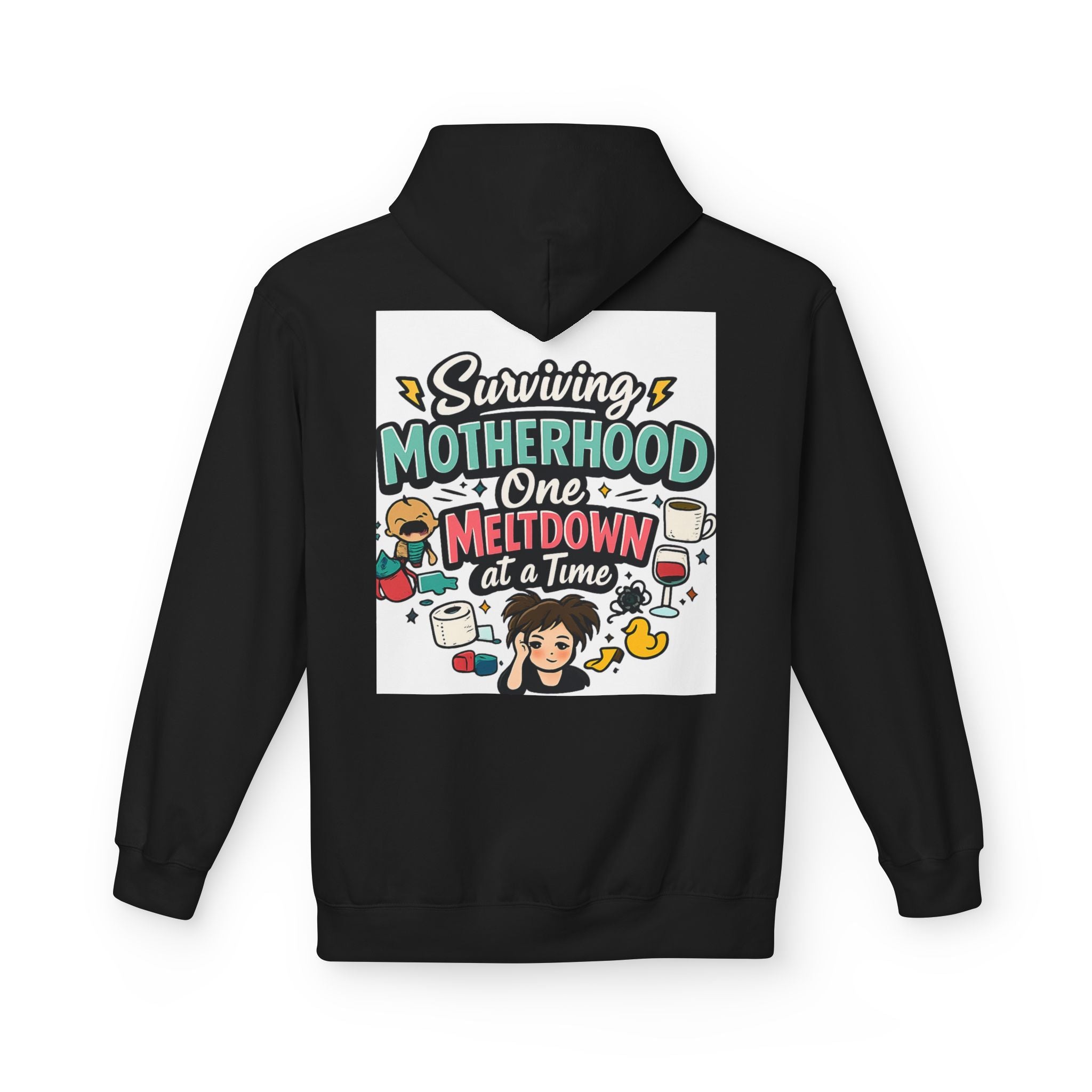 Motherhood Hoodie — "Surviving Motherhood One Meltdown at a Time" Graphic Pullover