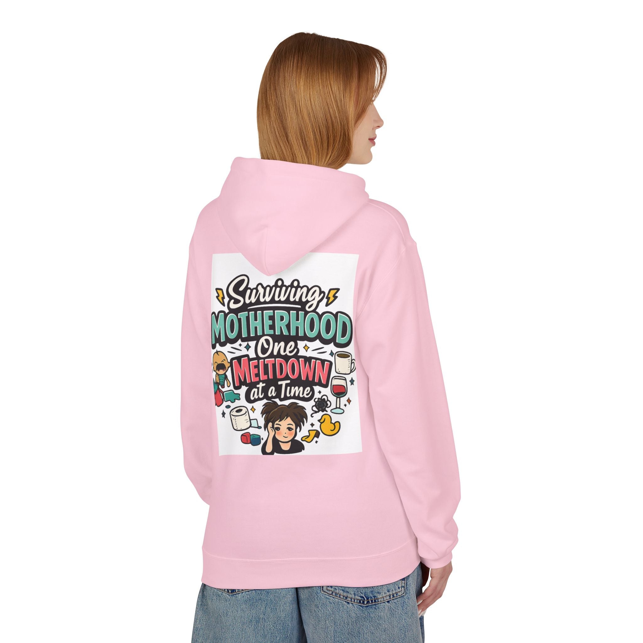 Motherhood Hoodie — "Surviving Motherhood One Meltdown at a Time" Graphic Pullover