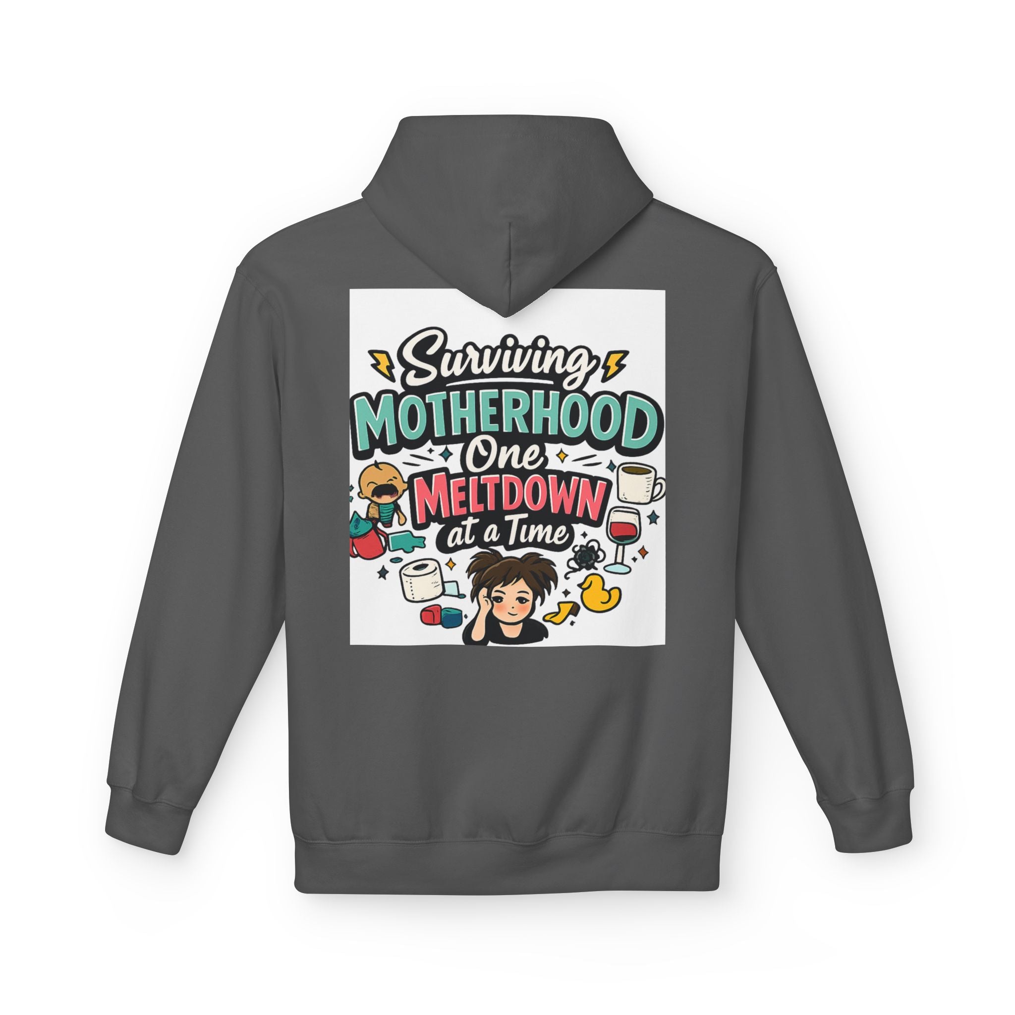 Motherhood Hoodie — "Surviving Motherhood One Meltdown at a Time" Graphic Pullover
