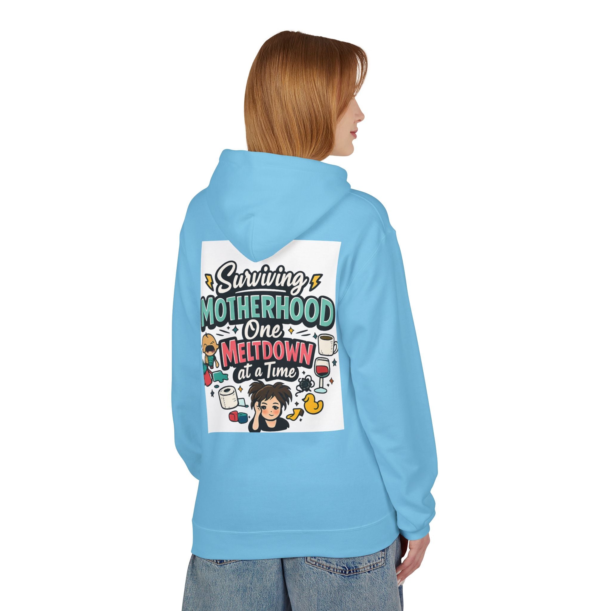 Motherhood Hoodie — "Surviving Motherhood One Meltdown at a Time" Graphic Pullover