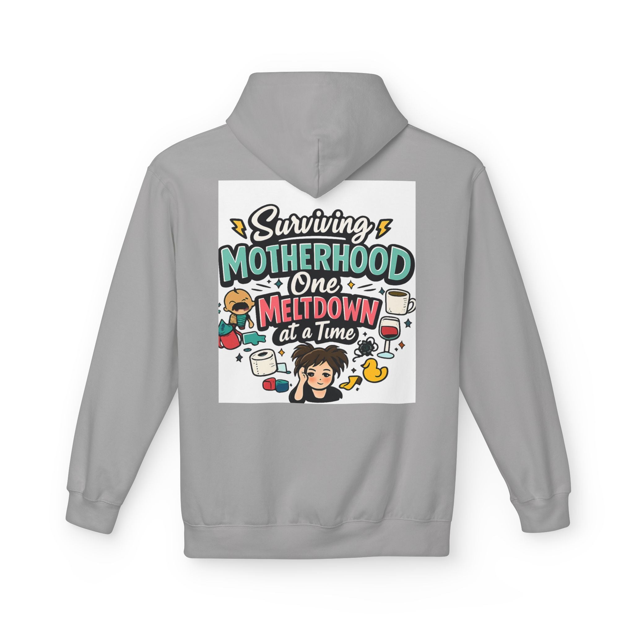 Motherhood Hoodie — "Surviving Motherhood One Meltdown at a Time" Graphic Pullover