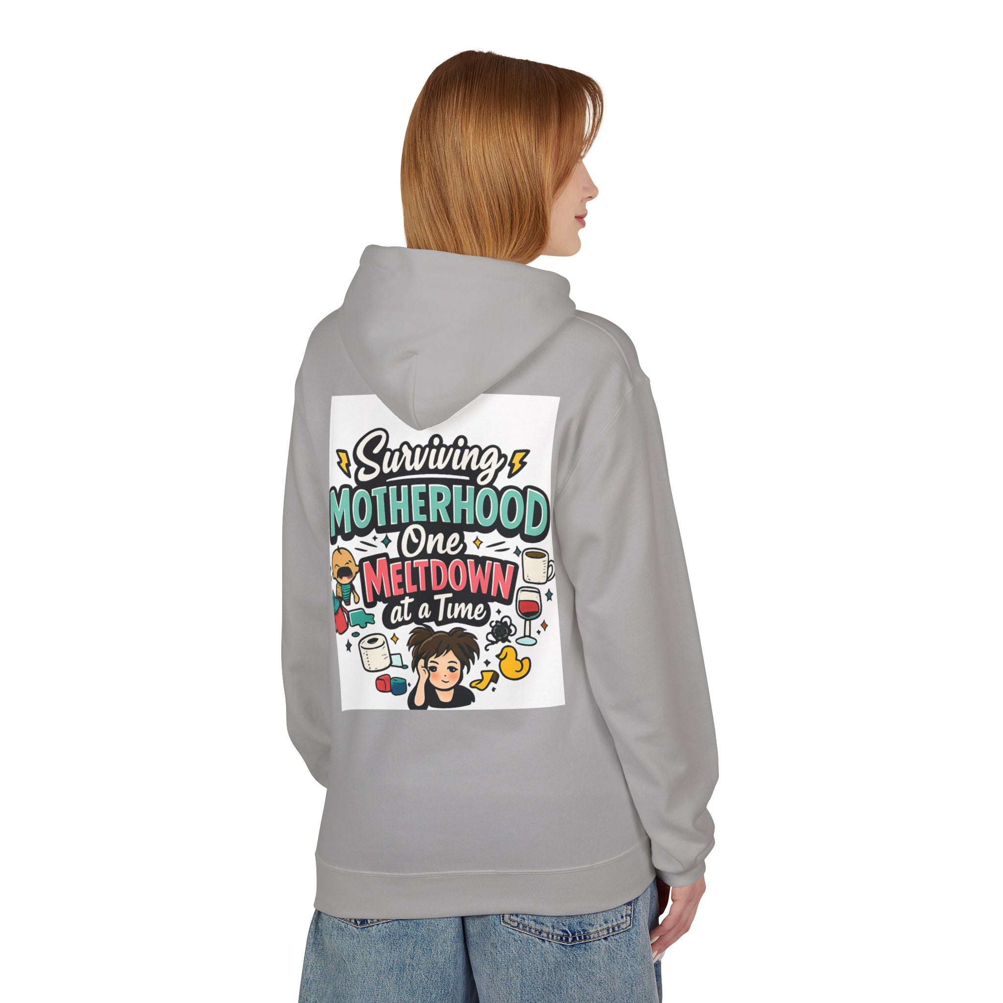 Motherhood Hoodie — "Surviving Motherhood One Meltdown at a Time" Graphic Pullover