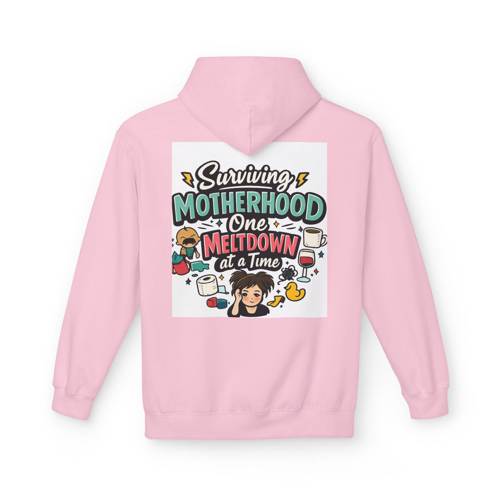 Motherhood Hoodie — "Surviving Motherhood One Meltdown at a Time" Graphic Pullover