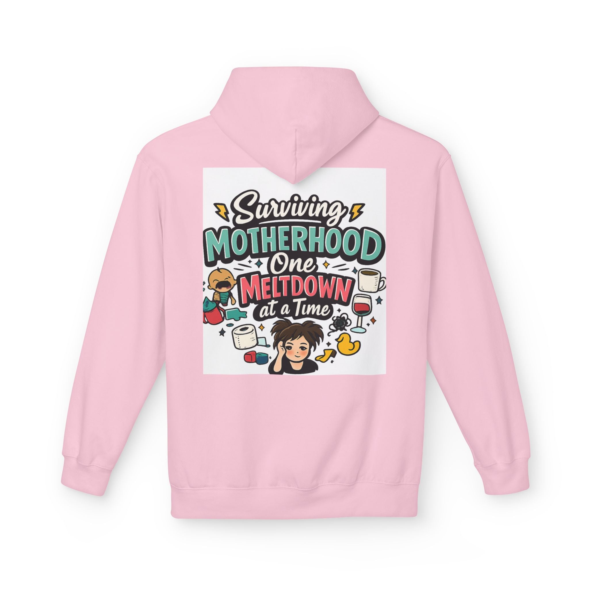 Motherhood Hoodie — "Surviving Motherhood One Meltdown at a Time" Graphic Pullover