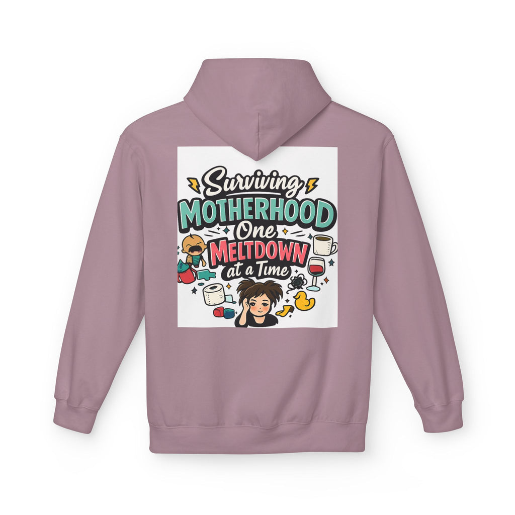 Motherhood Hoodie — "Surviving Motherhood One Meltdown at a Time" Graphic Pullover