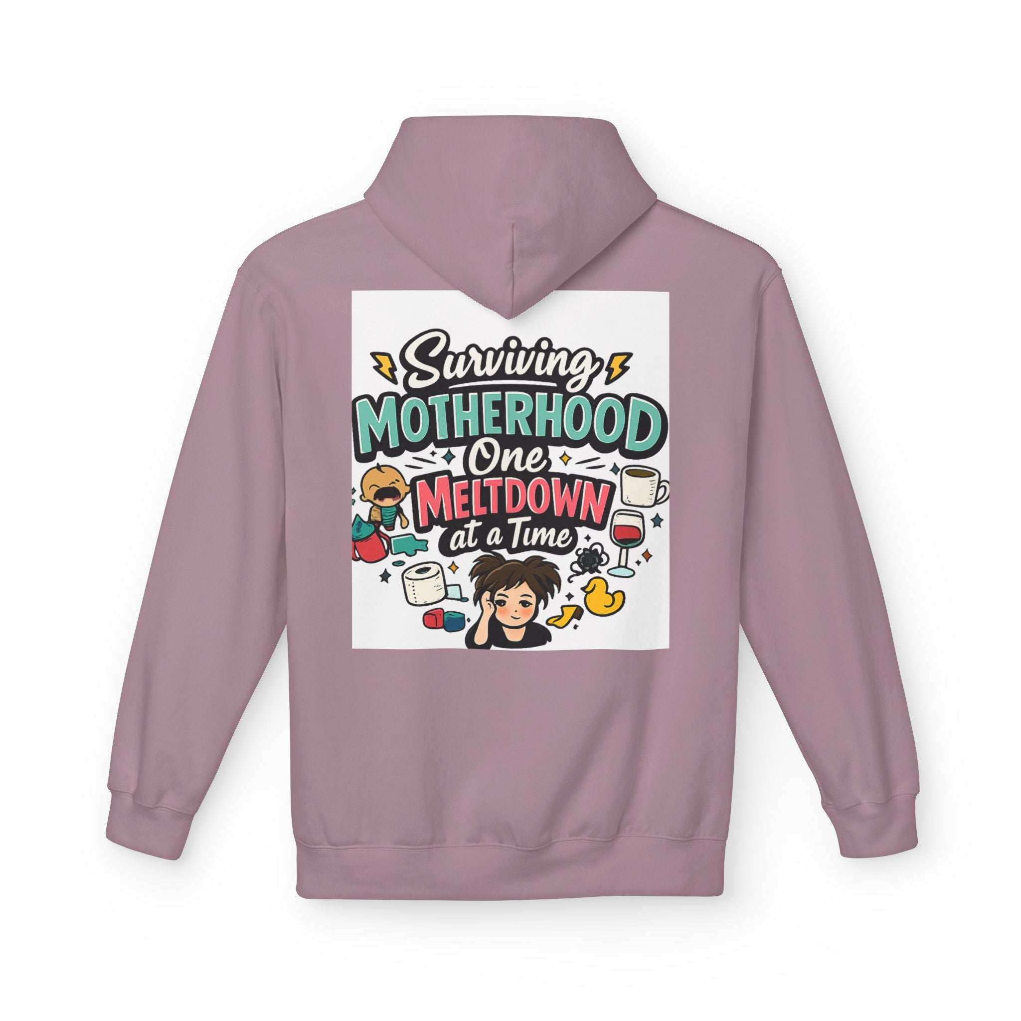 Motherhood Hoodie — "Surviving Motherhood One Meltdown at a Time" Graphic Pullover