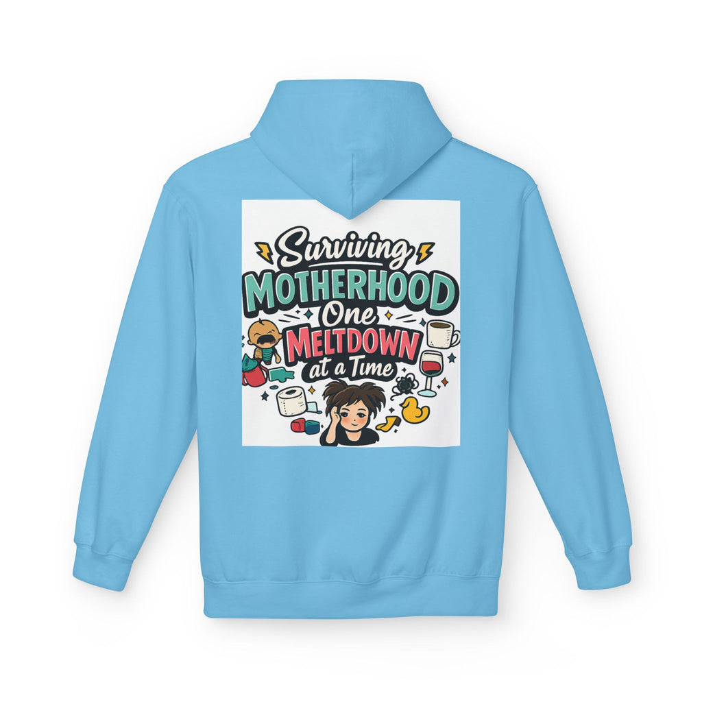 Motherhood Hoodie — "Surviving Motherhood One Meltdown at a Time" Graphic Pullover
