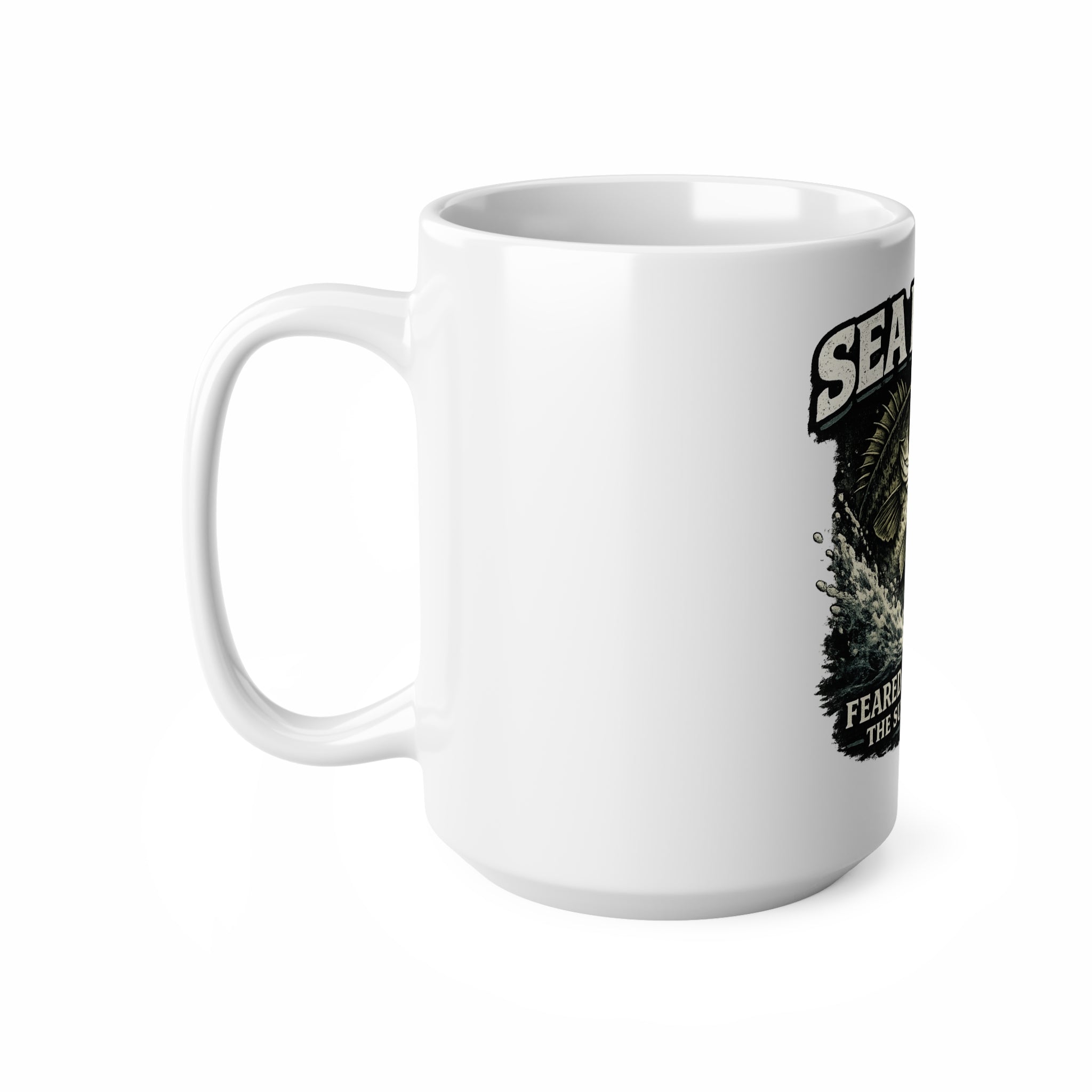 Sea Bass Ceramic Mug – “Sea Bass Feared Below the Surface” Fishing Coffee Cup (11oz/15oz)