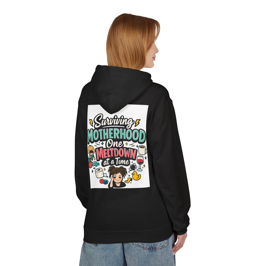 Motherhood Hoodie — "Surviving Motherhood One Meltdown at a Time" Graphic Pullover
