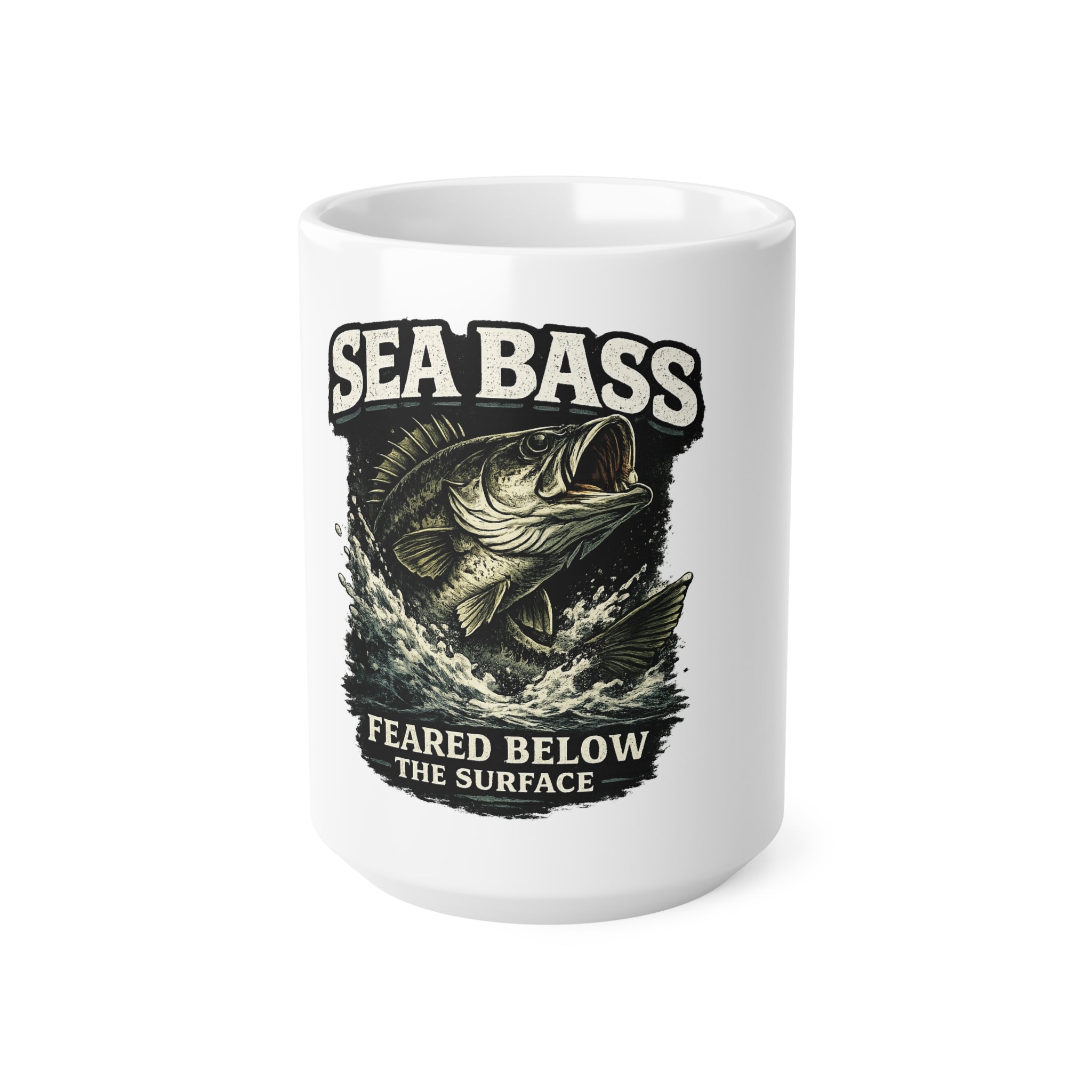Sea Bass Ceramic Mug – “Sea Bass Feared Below the Surface” Fishing Coffee Cup (11oz/15oz)