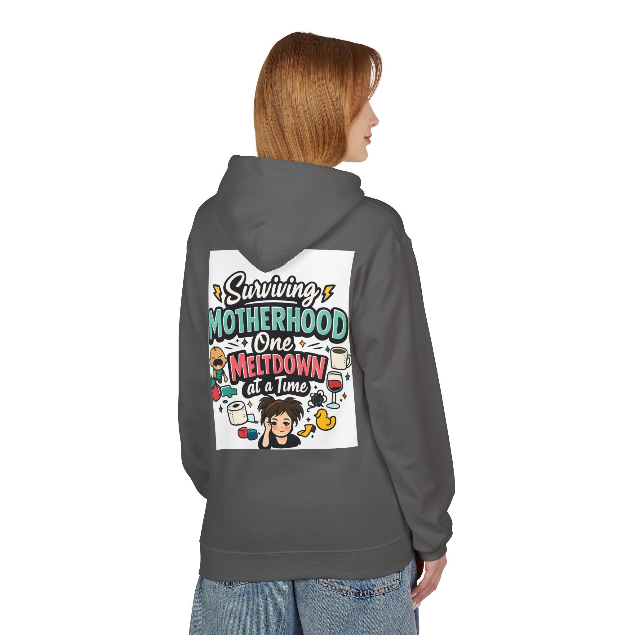 Motherhood Hoodie — "Surviving Motherhood One Meltdown at a Time" Graphic Pullover
