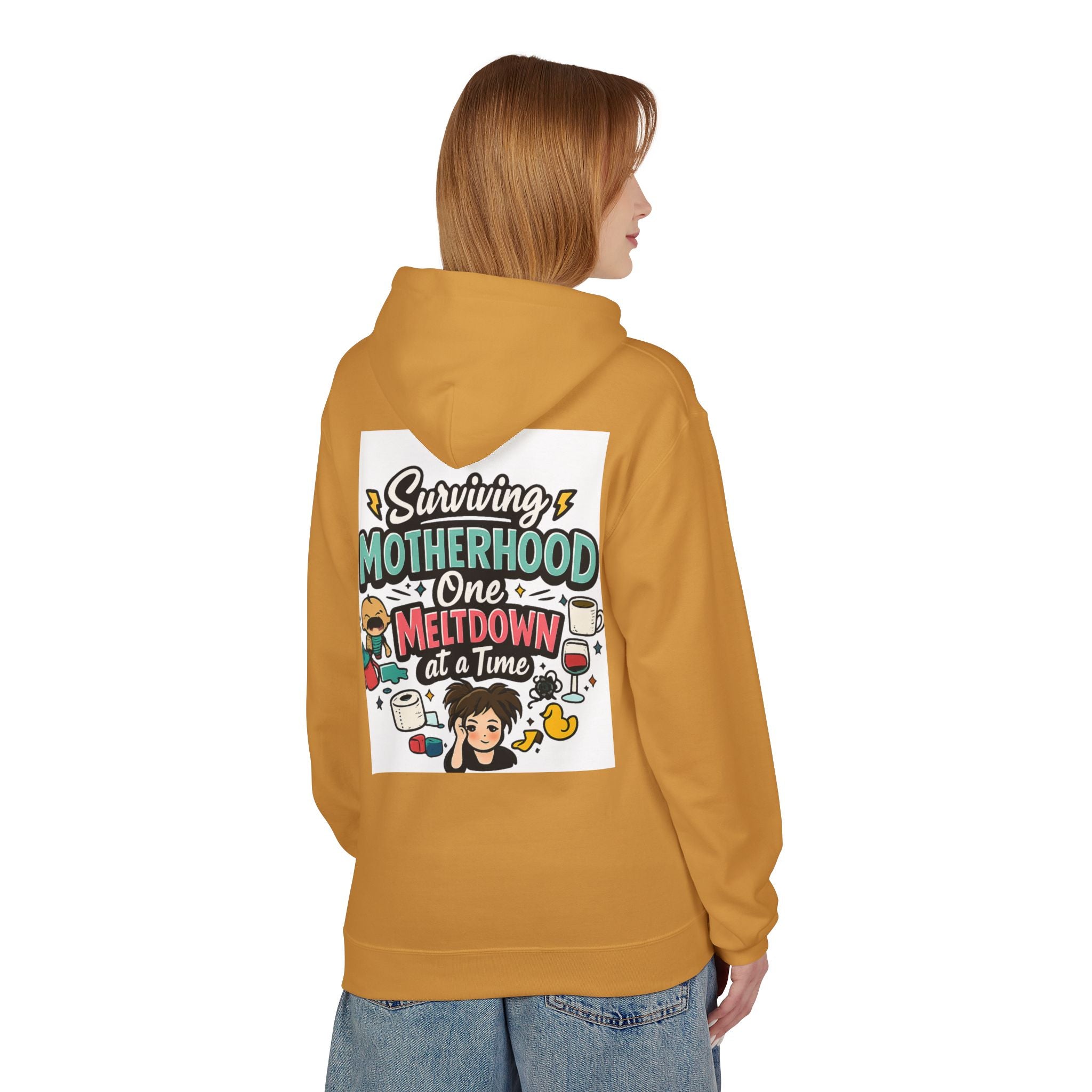 Motherhood Hoodie — "Surviving Motherhood One Meltdown at a Time" Graphic Pullover