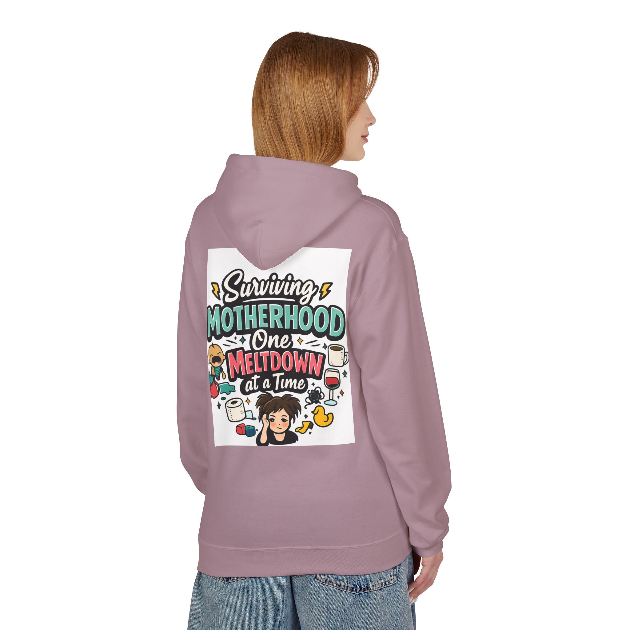 Motherhood Hoodie — "Surviving Motherhood One Meltdown at a Time" Graphic Pullover