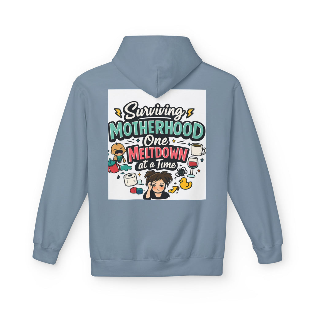 Motherhood Hoodie — "Surviving Motherhood One Meltdown at a Time" Graphic Pullover
