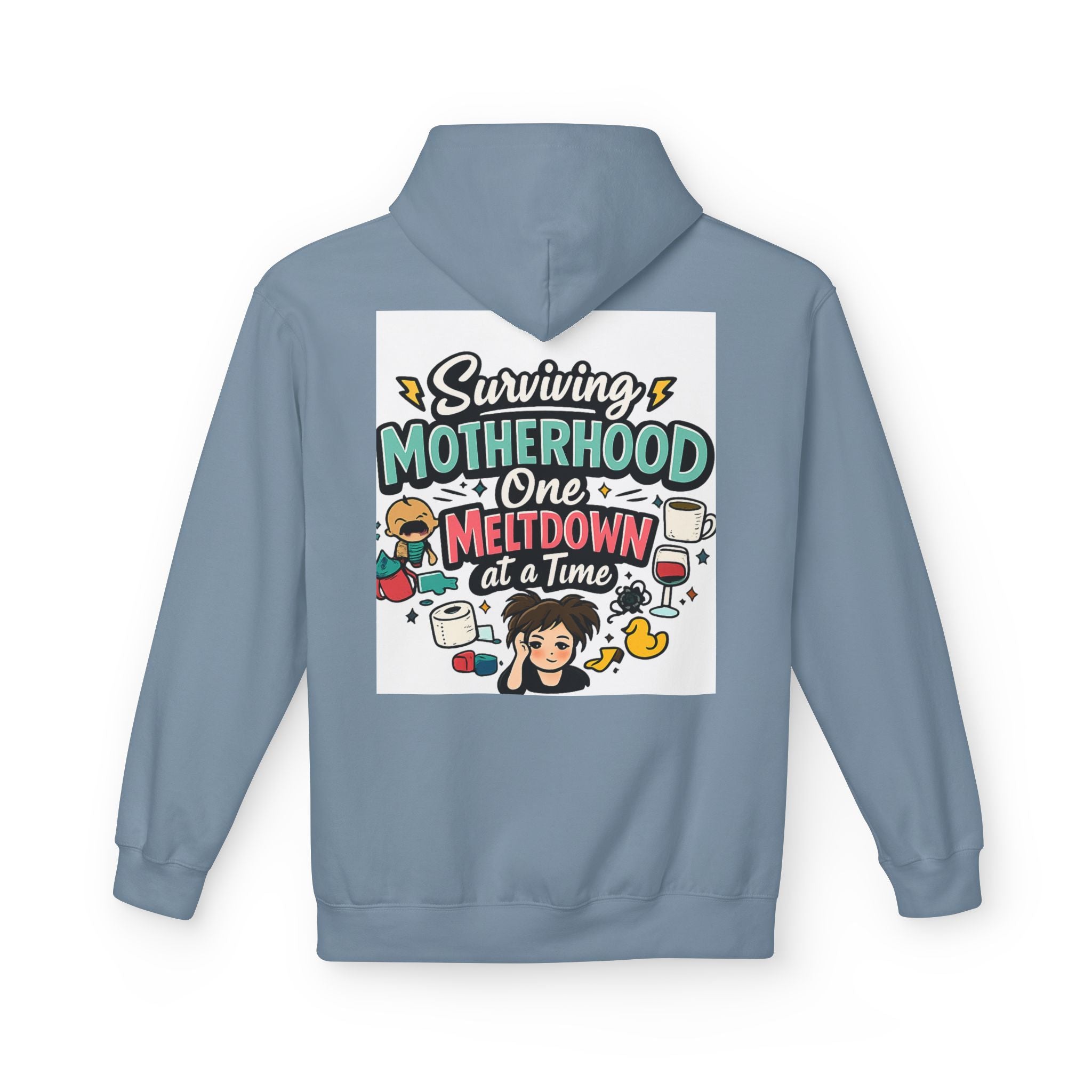 Motherhood Hoodie — "Surviving Motherhood One Meltdown at a Time" Graphic Pullover